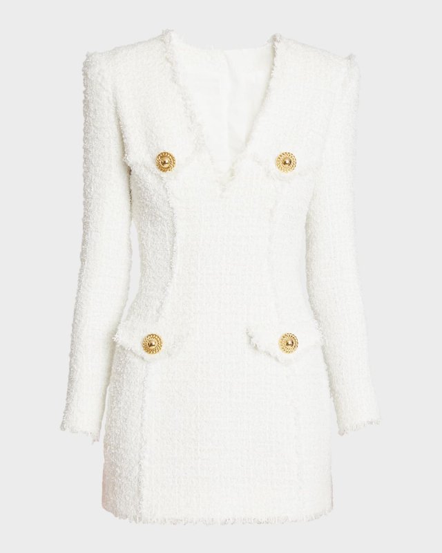 Long-Sleeve 4-Button Tweed Short Dress